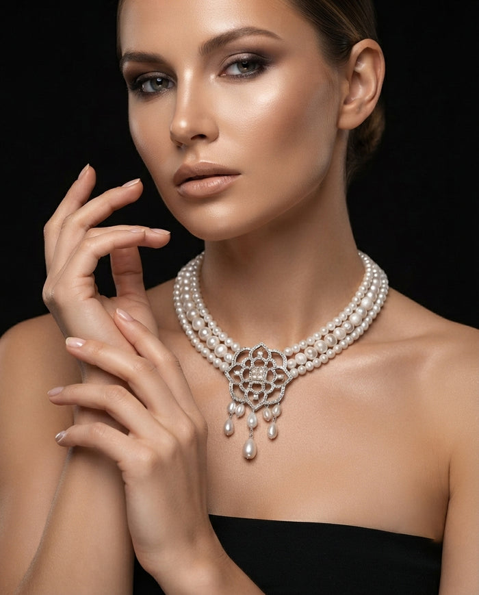 Metalbox — Collier Thessala — collier de perles et diamants, porté