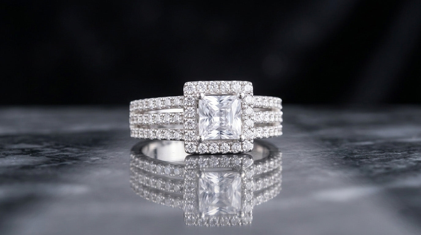 Metalbox — Bague Nora — bague multi-rangs en argent blanc, gemme taille princesse et halo de zircons