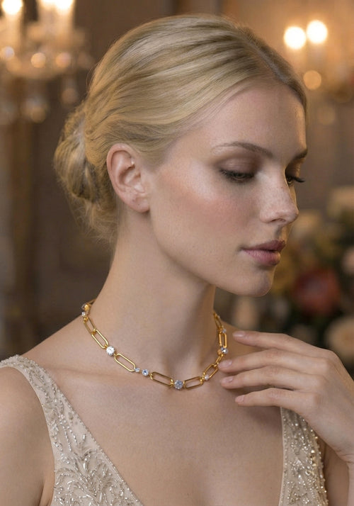 Metalbox — Collier zircon plaqué Or — collier en argent massif plaqué or jaune, constellation de 5 zircons blancs